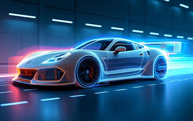 Coche deportivo de alto rendimiento en un túnel de viento virtual, con líneas de flujo de aire que demuestran la aerodinámica optimizada.